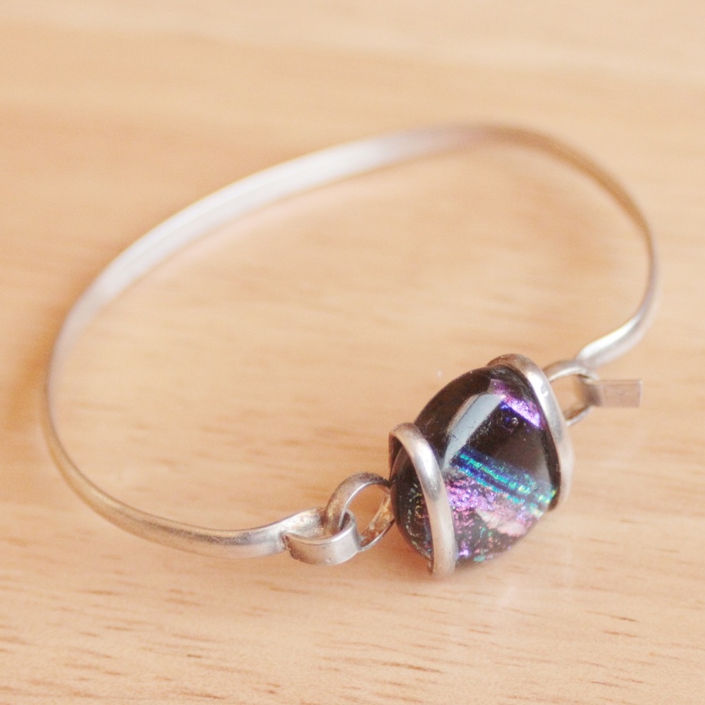 Art Glass Silver Plated Artisan Handmade Bangle Bracelet Black Purple Blue